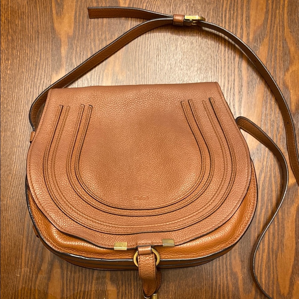 Chloé Medium Marcie Leather Saddle Bag Tan and Gold